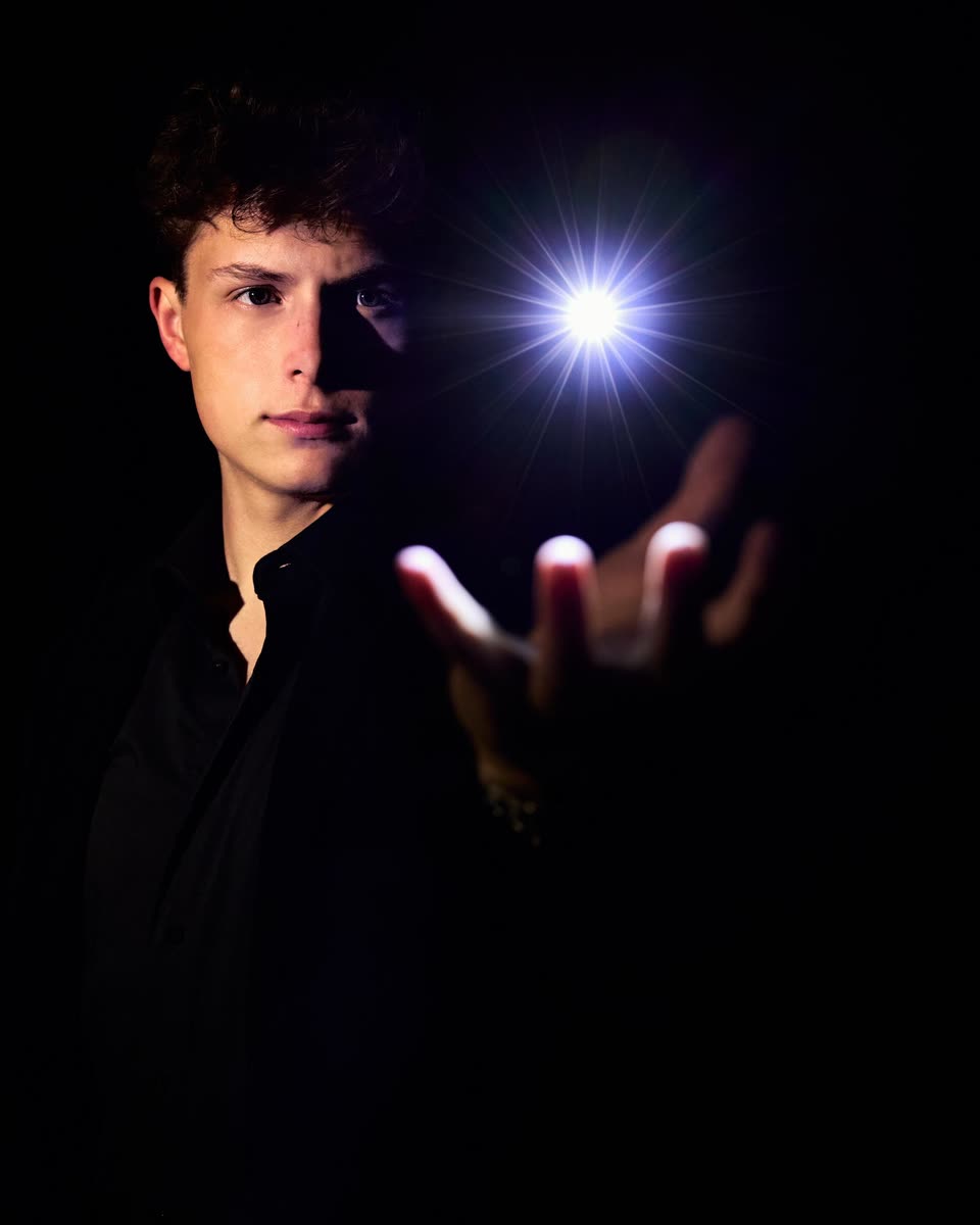 Studio-portret van Sven Manders die naar een fel lichtpuntje kijkt dat boven zijn geopende hand zweeft